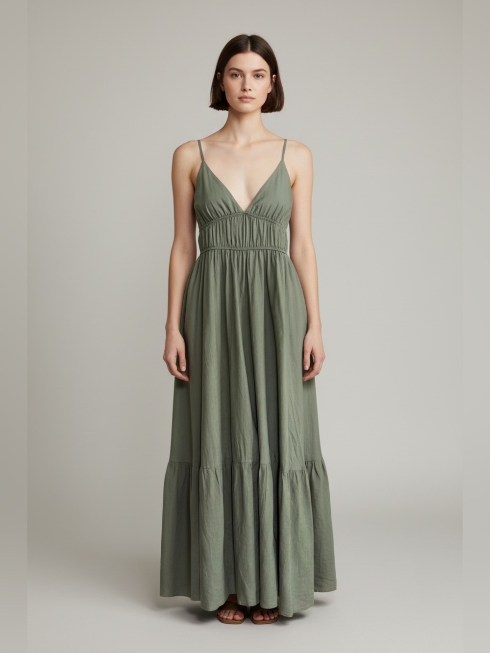 🟢3/$25 Boho Tiered Maxi Dress Linen Blend Olive Green Large SHEIN sundress